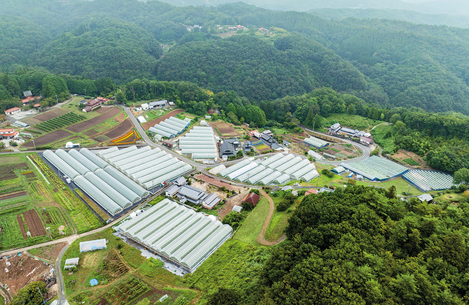 高梁市川上町（トマトのハウスが広がる集落を撮影）